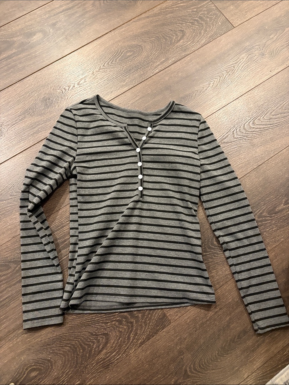 Striped Long-Sleeve Henley Top - Gray/Black